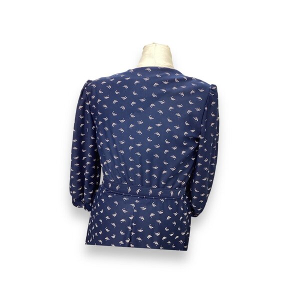 Vintage 80s Carriage Court Blue Pattern Print Dress White Lace Collar size 10 - Picture 7 of 10